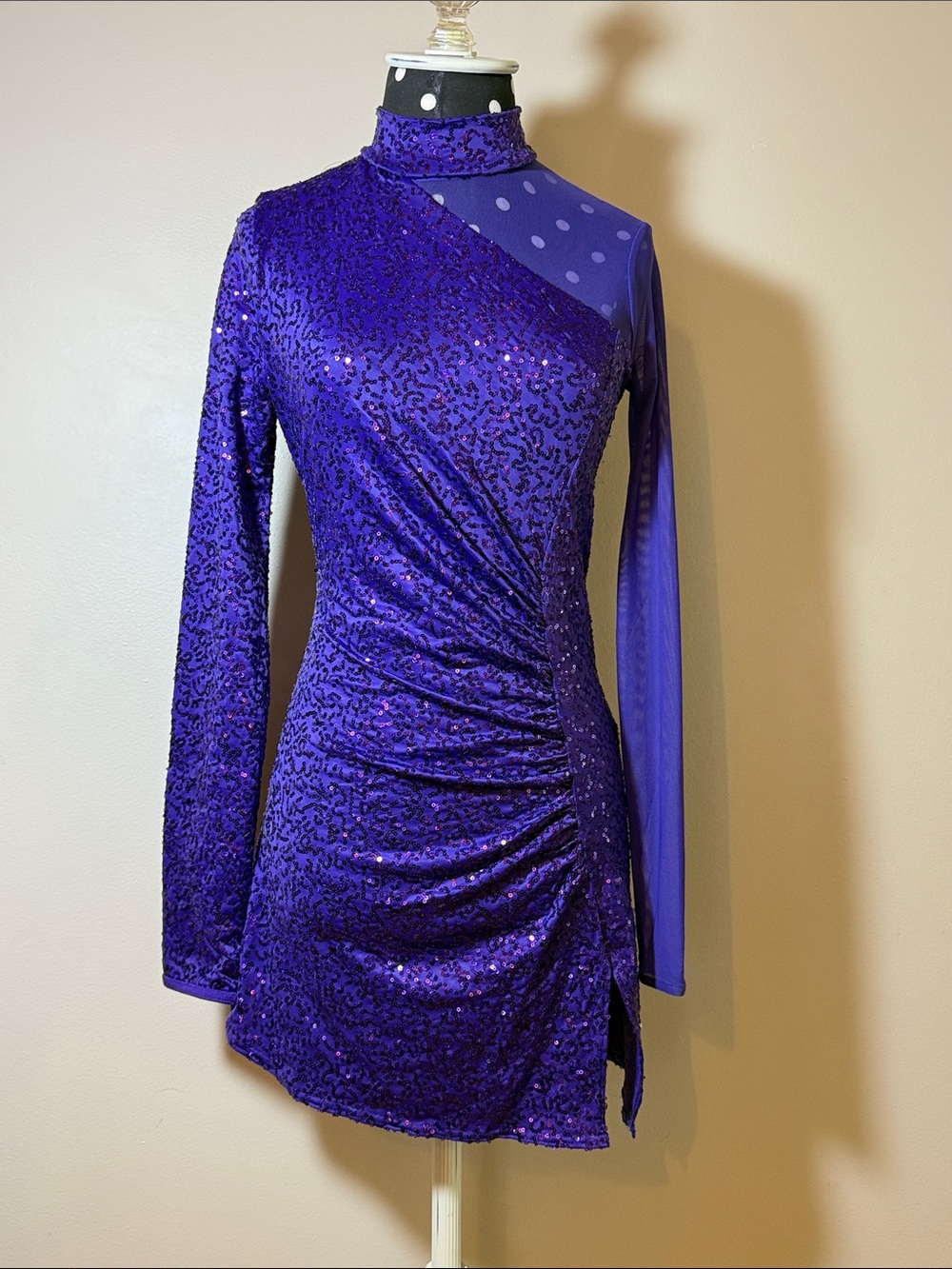 Purple Sequin Weissman Asymmetric Long-Sleeve Figure Skating or Dance Dress